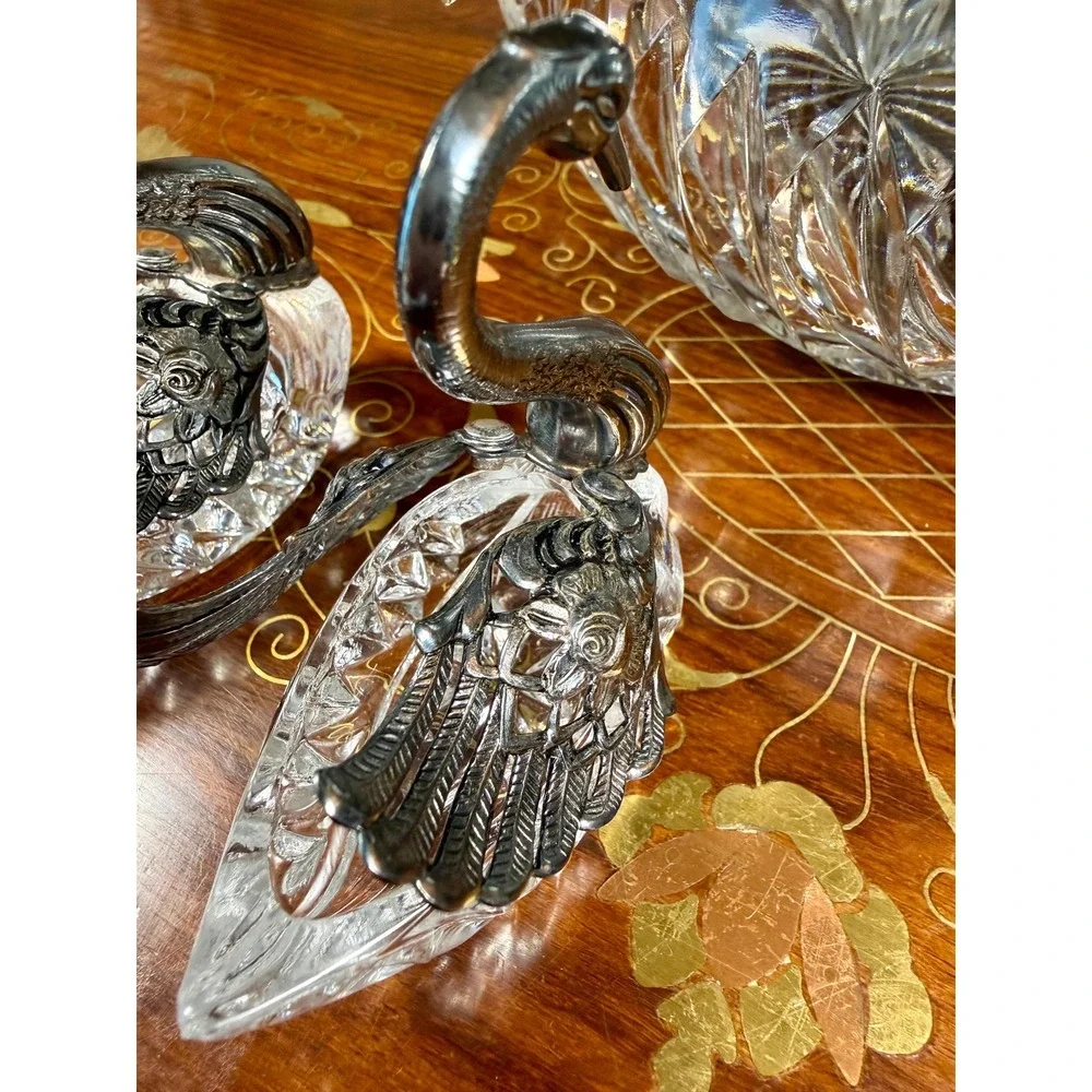 Vintage 3-Piece Crystal Swan Set Centerpiece Bowl with 2 Salt Cellars